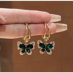 Green Cubic Zirconia Decor Butterfly Earrings, Elegant Drop Studs, Spring Gift